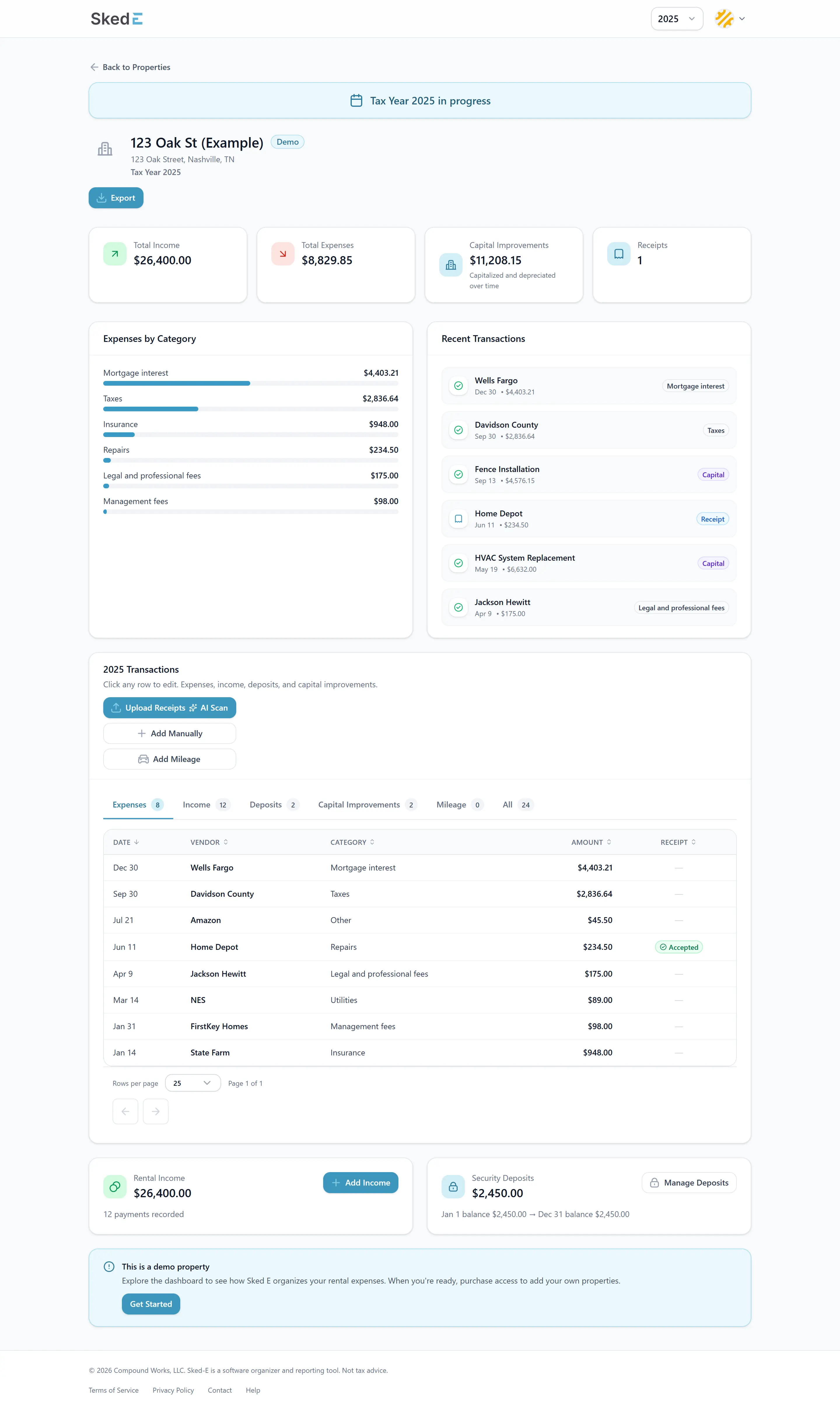 SwiftE dashboard showing property details, income, expenses, and transactions